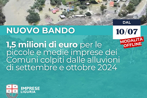 REGIONE LIGURIA: sostegno degli investimenti delle piccole e medie imprese ubicate nei comuni non ricompresi nell'area di crisi complessa savonese colpite dagli eventi alluvionali del periodo Settembre-Ottobre 2024 REGIONE LIGURIA: sostegno degli investimenti delle piccole e medie imprese ubicate nei comuni non ricompresi nell'area di crisi complessa savonese colpite dagli eventi alluvionali del periodo Settembre-Ottobre 2024